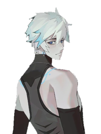 Ten: white hair with cyan tips, glowing cyan markings on the shoulder, looking back over his shoulder